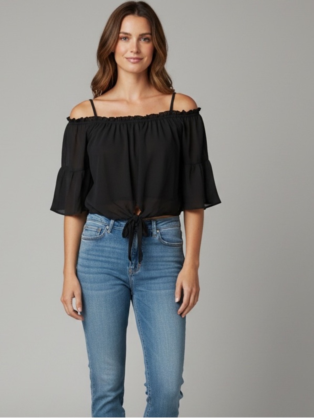 She + Sky Black Off-Shoulder Tie-Front Crop Top Sz M